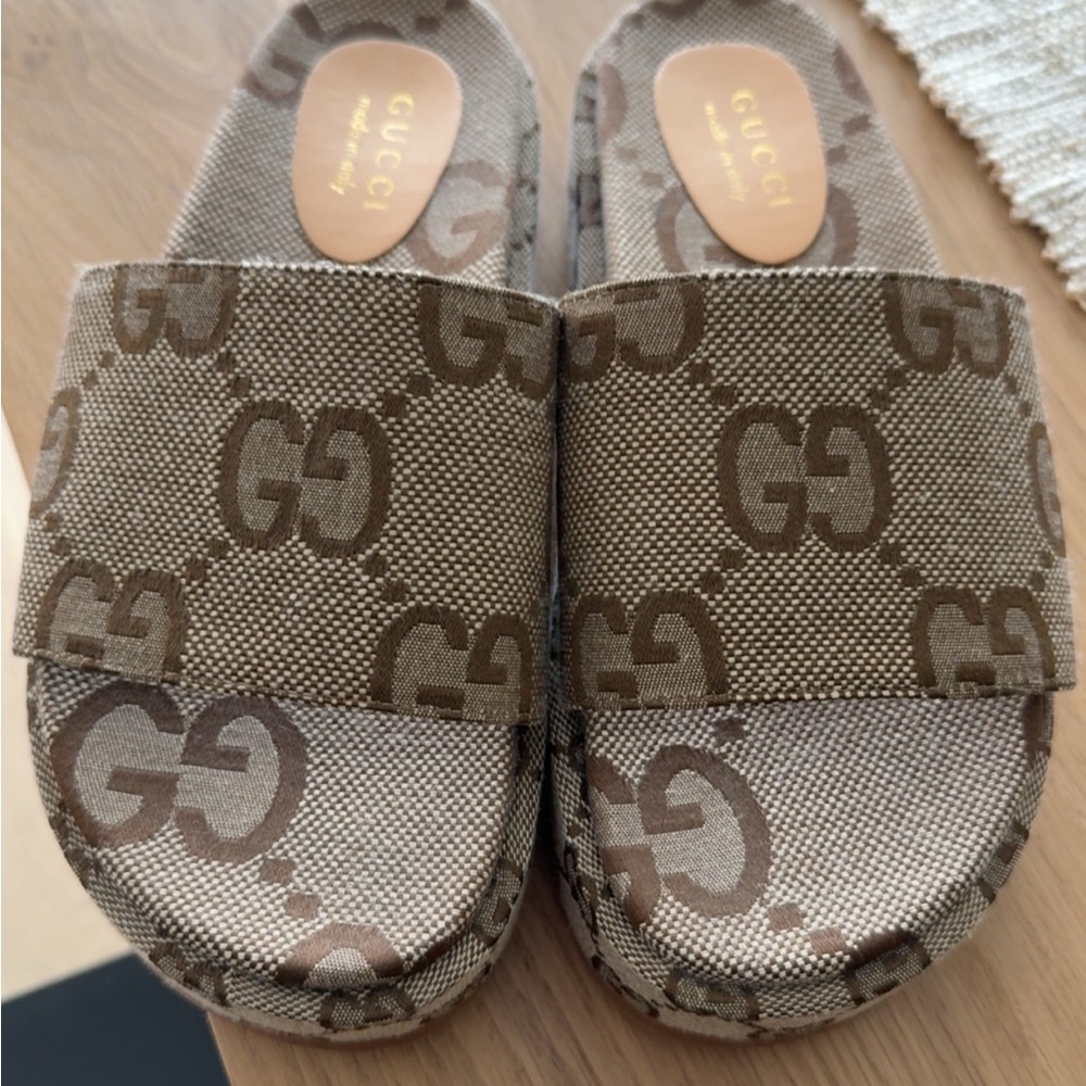 Gucci Brown Tan Sandals with Iconic GG Pattern